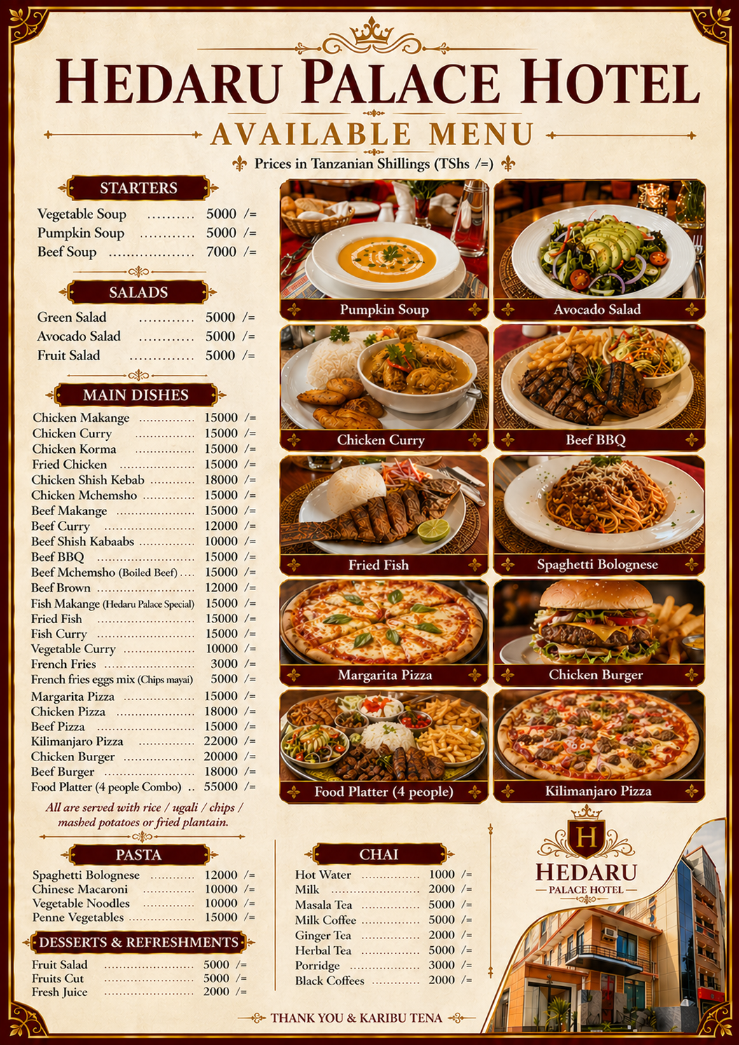 Hedaru Palace Hotel food menu showing starters, salads, main dishes, pasta, desserts and chai options